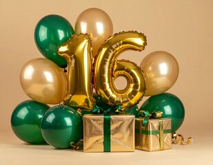 Sweet Sixteen Celebration with Gold and Green Balloons and Gifts.