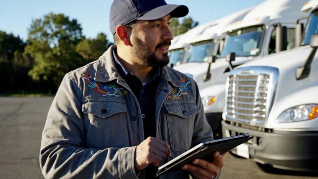 Truck driver man using tablet technology near fleet of vehicles