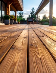Wooden Deck Perspective - Warm Sunlight on Outdoor Living Space.