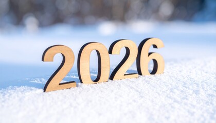 Wooden numbers 2026 standing in fresh white snow outdoors, symbolizing the upcoming new year and winter season.