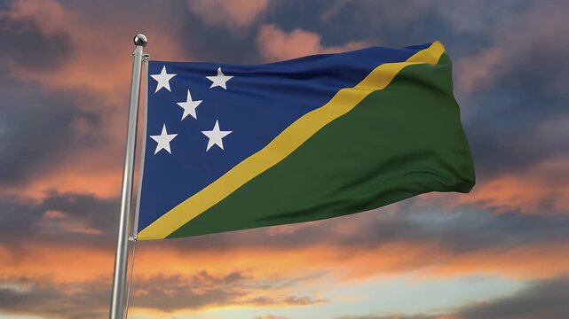 Solomon Islands flag waving against vibrant sunset sky