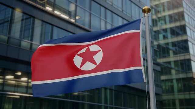 North Korean flag waving in front of modern office building