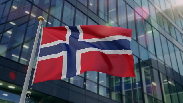 Norwegian flag waving in front of modern office building