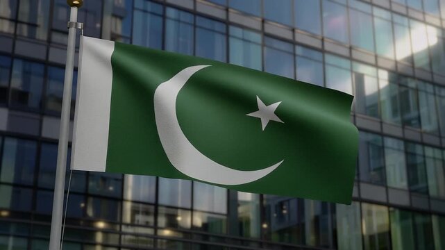 Pakistani flag waving in front of modern office building