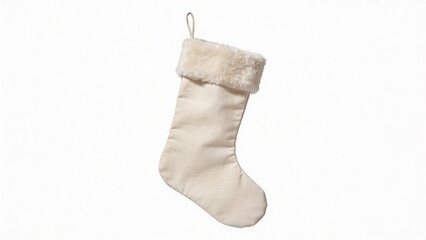 Single blank Christmas stocking with fluffy cuff placed on a white background ready for filling with gifts during the holiday season