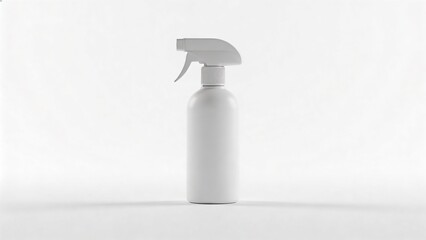 Realistic blank spray bottle on a smooth surface with no label and no writing in a centered position for clear visibility