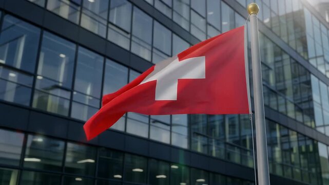 Swiss flag waving in front of modern corporate building