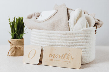 A set of newborn sweaters and booties in a rope basket with a plant in a burlap pot.