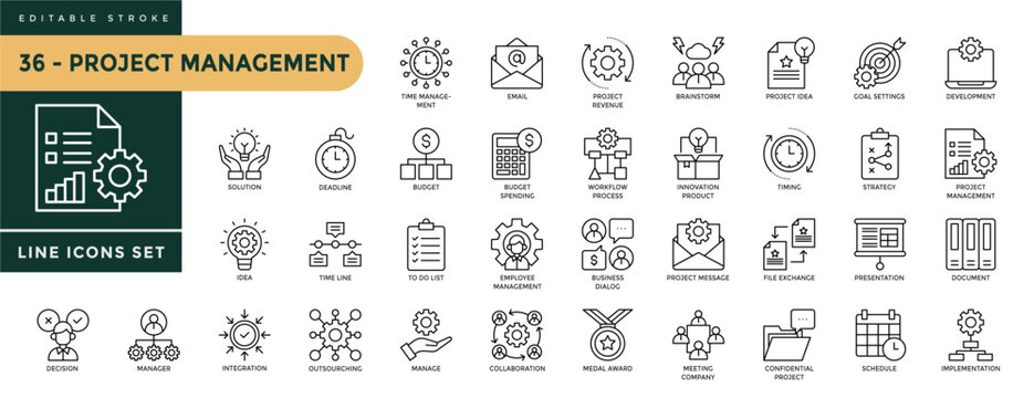 A collection of Project Management icons set with editable stroke, including time management, budget, time line, to do list, integration, brainstorm, goal settings. Thin linear vector illustration - Powered by Adobe