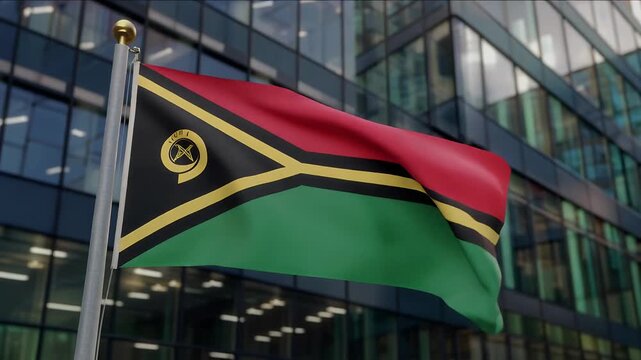 Vanuatu flag waving in front of modern office building