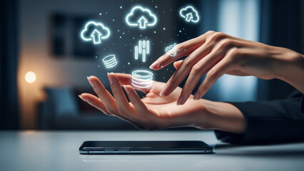 Female hand gesturing towards glowing cloud computing, data stack, and download icons, illustrating digital services, data management, and cloud technology infrastructure.