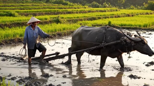 A farmer in a conical hat guides a water buffalo plowing a rice paddy field at sunset