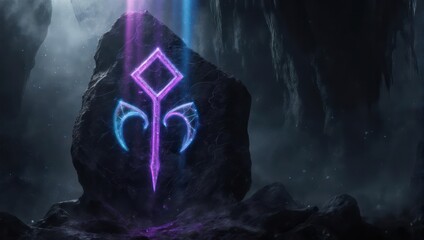 Mysterious glowing symbol on a dark stone in a cave.