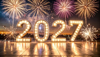 Happy New Year 2027 Celebration with Fireworks Display.