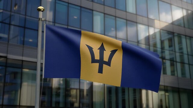 Barbados flag waving in front of modern office building