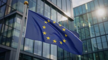 European flag waving in front of modern office building - Powered by Adobe