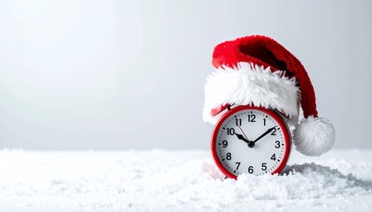 Red alarm clock with Santa hat on snow, Christmas countdown concept.