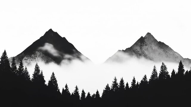 Black and white mountain landscape with fog and trees illustration