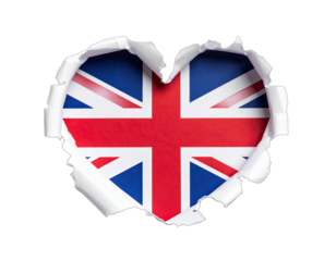 A heart-shaped rip in paper reveals the Union Jack