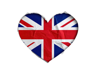 Union Jack flag within a heart shape, crafted from a textured paper material on black
