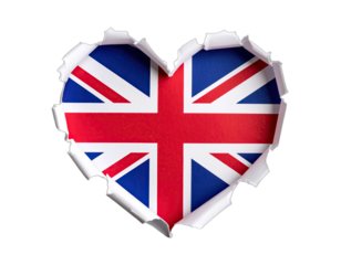 Torn paper reveals a Union Jack heart-shaped flag against a black background