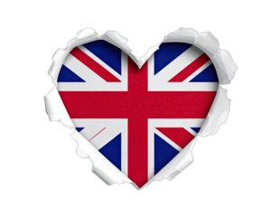 United Kingdom's flag displayed inside a heart shape, torn from a black background