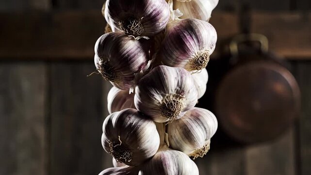 A rustic kitchen displays a hanging bunch of fresh garlic bulbs with dramatic chiaroscuro lighting.