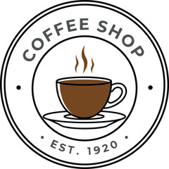 Obraz premium Vintage style circular coffee shop logo vector illustration, featuring a steaming hot cup, saucer, and established date for cafe branding and restaurant identity.