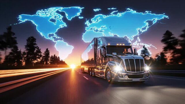 Trucking global logistics transportation highway at sunset with world map overlay