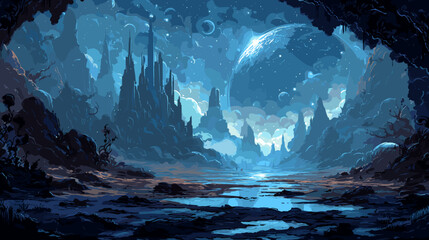 Dark Blue sci-fi space world, vector game illustration