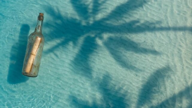 A message in a bottle floating in clear blue tropical water with palm tree shadows.