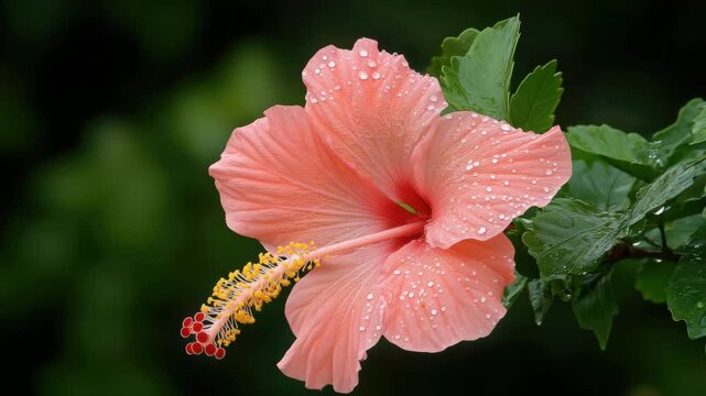 Close-Up of Pink Hibiscus Flower with Dew Drops and Lush Green Background in Nature