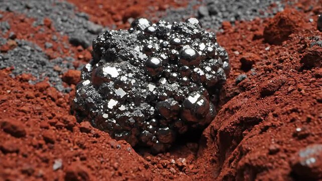 A metallic hematite specimen with a lustrous, dark surface is embedded in reddish-brown soil and greyish rocks.