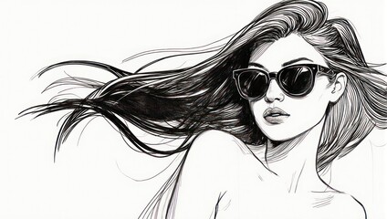 Elegant woman with sunglasses in a stylish black and white sketch.