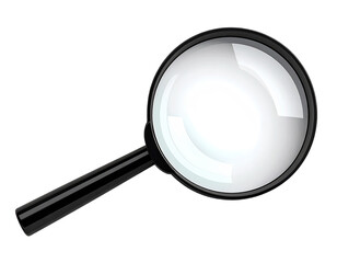 A black handled magnifying glass with a clear lens, isolated against a black background