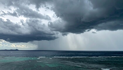 A dramatic seascape featuring a dark, stormy sky above the ocean, with rain falling. A small island is visible