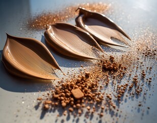 Close-up of three brown makeup blush samples with scattered powder and small particles on a shiny surface with soft lighting.