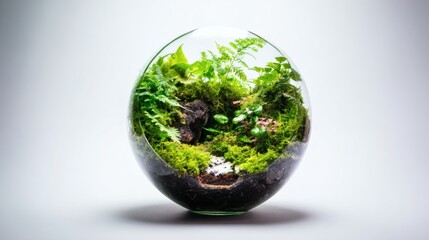 Globe-Shaped Terrarium Filled with Lush Greenery, Studio Lighting Casting Soft Shadows