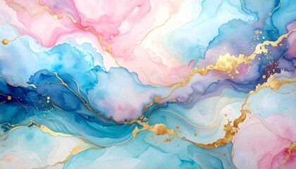 Fototapeta premium Abstract Alcohol Ink Art with Gold Accents and Pastel Colors.