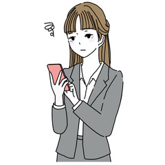 Illustration of a young woman in a suit, upper body only, staring expressionlessly at her smartphone.