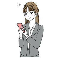 Illustration of the upper body of a young businesswoman happily looking at a smartphone screen.