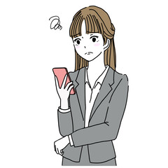 Illustration of a young woman in a suit, upper body only, looking troubled while checking her smartphone