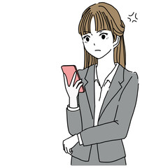 Illustration of an angry young businesswoman looking at her smartphone