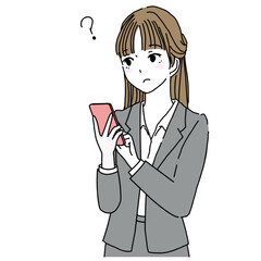スマホを見て疑問を持つスーツの若い女性のイラスト