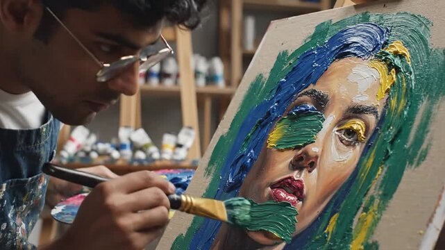 A person paints a portrait on a canvas using oil paints in a studio, close-up with a palette