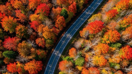 Aerial View of a Winding Road Through a Vibrant Autumn Forest.