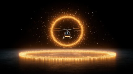 Illuminated Portal with a Helicopter in Dark Background Transporting to Futuristic Destination Technology and Modern Design with Glowing Light and Energy