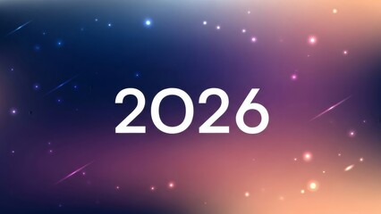 Contemporary 2026 New Year Banner Illustration with Navy Blue Purple Peach Gradient, Glowing Particles and Light Streaks