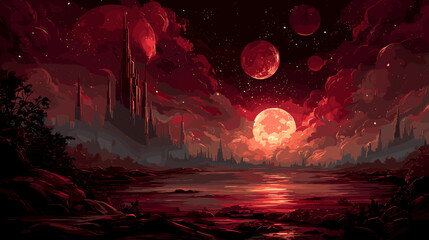 Dark Red sci-fi space world, vector game illustration