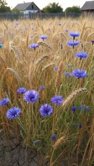 Close Up Of Vibrant Blue Cornflowers Amidst Golden Wheat Field Under Warm Sunlight With Distant Houses In Rural Landscape